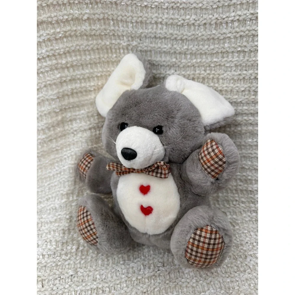 Mouse‎ Plush Stuffed Animal Grey White Plaid Hearts Lovey Kids Toy Nursery Decor